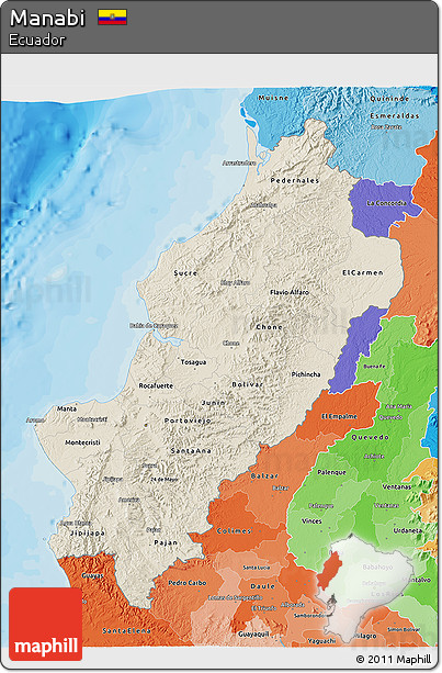 Shaded Relief 3D Map of Manabi, political shades outside