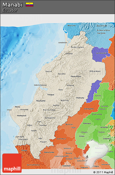 Shaded Relief 3D Map of Manabi, political shades outside