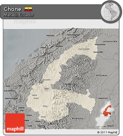 Shaded Relief 3D Map of Chone, darken, semi-desaturated
