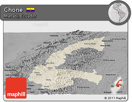 Shaded Relief Panoramic Map of Chone, darken, desaturated