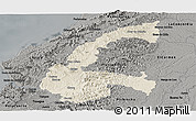 Shaded Relief Panoramic Map of Chone, darken, semi-desaturated