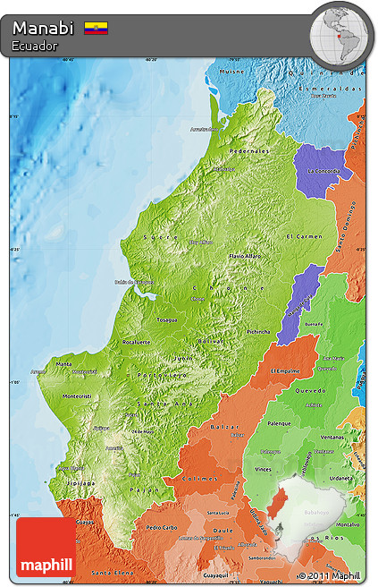Physical Map of Manabi, political shades outside