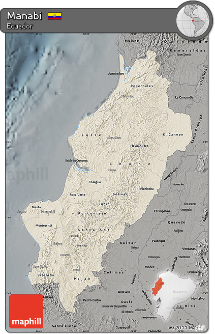 Shaded Relief Map of Manabi, darken, semi-desaturated