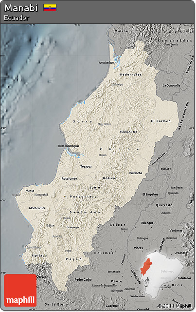 Shaded Relief Map of Manabi, darken, semi-desaturated