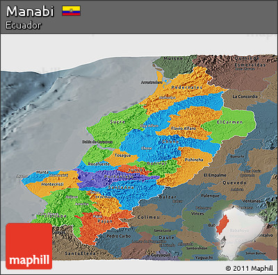 Political Panoramic Map of Manabi, darken, semi-desaturated