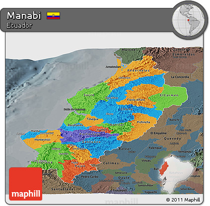 Political Panoramic Map of Manabi, darken, semi-desaturated