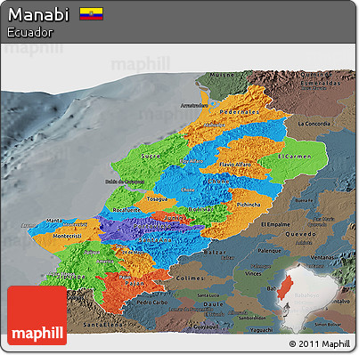 Political Panoramic Map of Manabi, darken, semi-desaturated