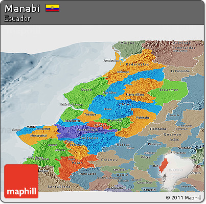 Political Panoramic Map of Manabi, semi-desaturated