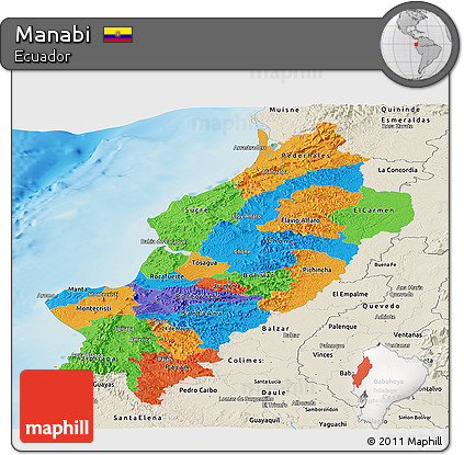 Political Panoramic Map of Manabi, shaded relief outside