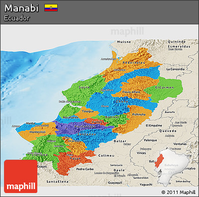 Political Panoramic Map of Manabi, shaded relief outside