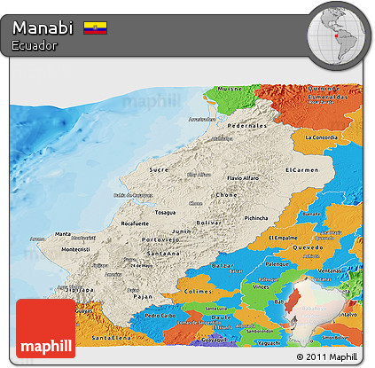 Shaded Relief Panoramic Map of Manabi, political outside
