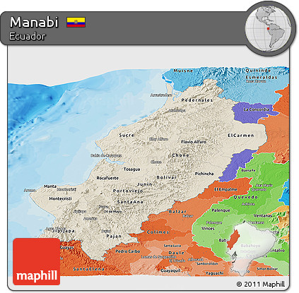 Shaded Relief Panoramic Map of Manabi, political shades outside