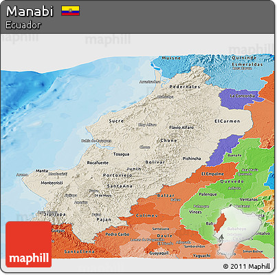 Shaded Relief Panoramic Map of Manabi, political shades outside