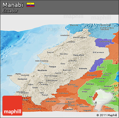 Shaded Relief Panoramic Map of Manabi, political shades outside