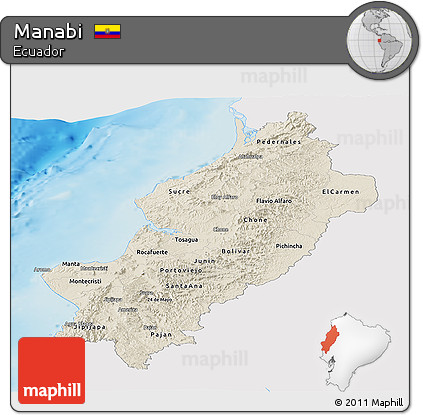 Shaded Relief Panoramic Map of Manabi, single color outside