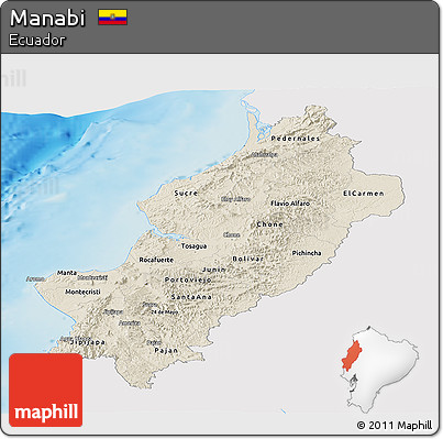 Shaded Relief Panoramic Map of Manabi, single color outside