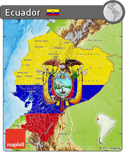 Flag Map of Ecuador, physical outside, bathymetry sea, flag centered