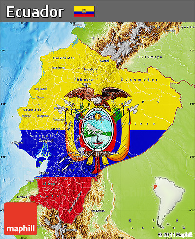 Flag Map of Ecuador, physical outside, bathymetry sea, flag centered