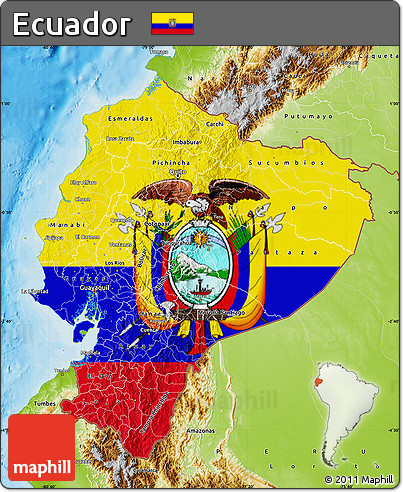 Flag Map of Ecuador, physical outside, bathymetry sea, flag centered