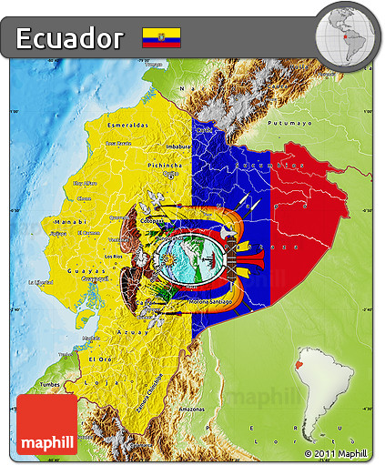 Flag Map of Ecuador, physical outside, bathymetry sea, flag aligned to the middle