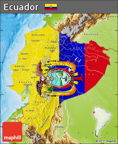 Flag Map of Ecuador, physical outside, bathymetry sea, flag aligned to the middle