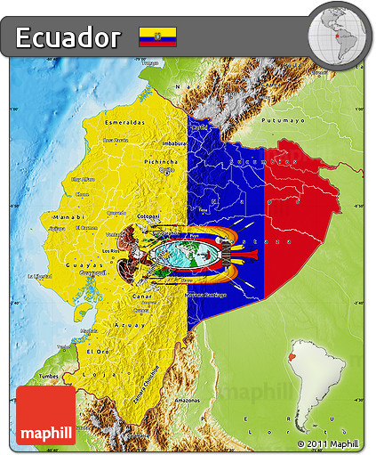 Flag Map of Ecuador, physical outside, bathymetry sea, flag rotated