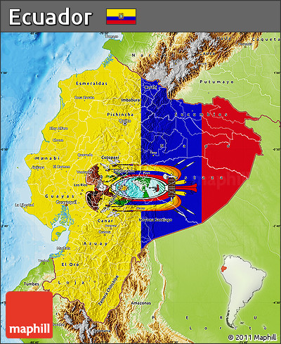Flag Map of Ecuador, physical outside, bathymetry sea, flag rotated