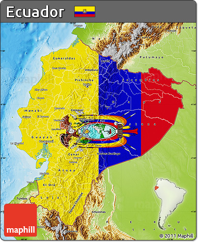 Flag Map of Ecuador, physical outside, bathymetry sea, flag rotated