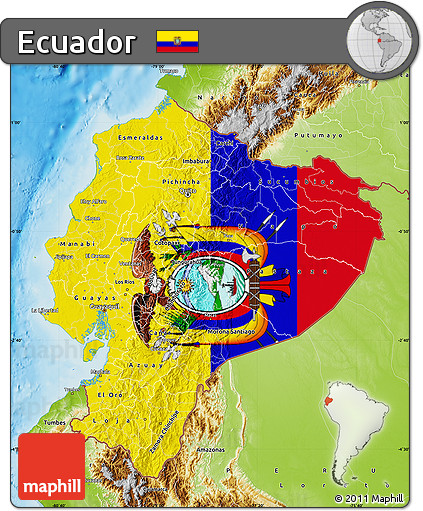 Flag Map of Ecuador, physical outside, flag aligned to the middle
