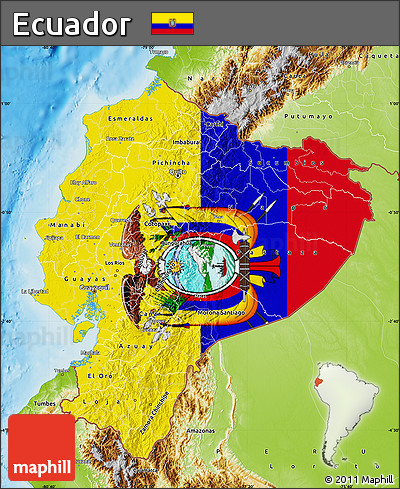 Flag Map of Ecuador, physical outside, flag aligned to the middle
