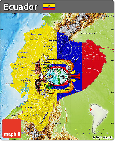 Flag Map of Ecuador, physical outside, flag aligned to the middle