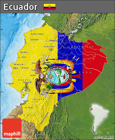 Flag Map of Ecuador, satellite outside, bathymetry sea, flag aligned to the middle