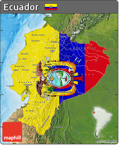 Flag Map of Ecuador, satellite outside, bathymetry sea, flag aligned to the middle