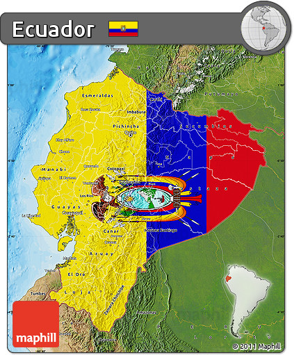 Flag Map of Ecuador, satellite outside, bathymetry sea, flag rotated