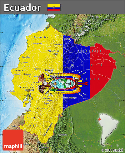 Flag Map of Ecuador, satellite outside, bathymetry sea, flag rotated