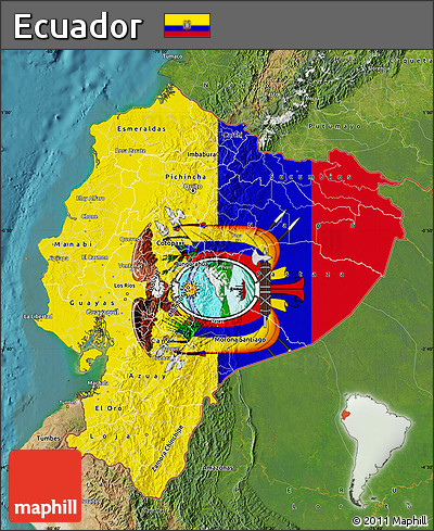Flag Map of Ecuador, satellite outside, flag aligned to the middle