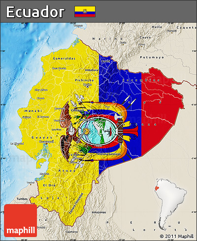 Flag Map of Ecuador, shaded relief outside, flag aligned to the middle