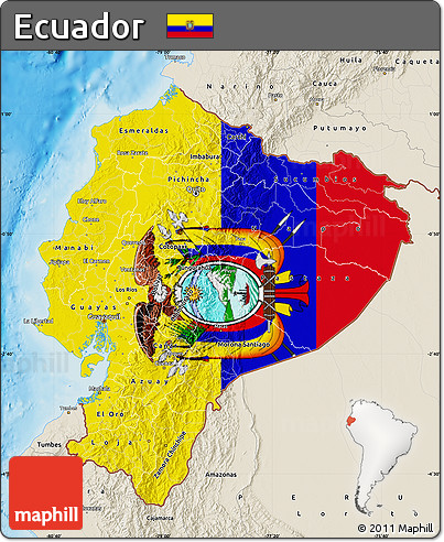 Flag Map of Ecuador, shaded relief outside, flag aligned to the middle