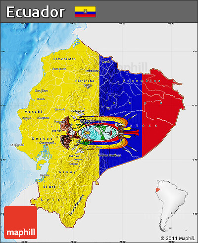 Flag Map of Ecuador, single color outside, bathymetry sea, shaded relief sea, flag rotated