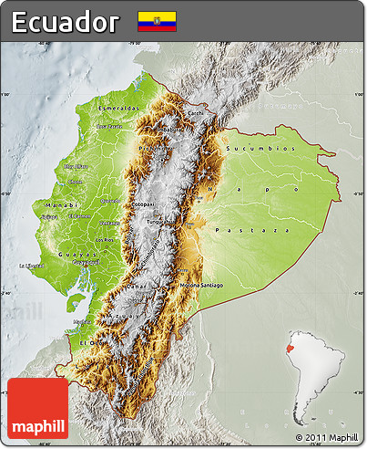 Physical Map of Ecuador, lighten, semi-desaturated