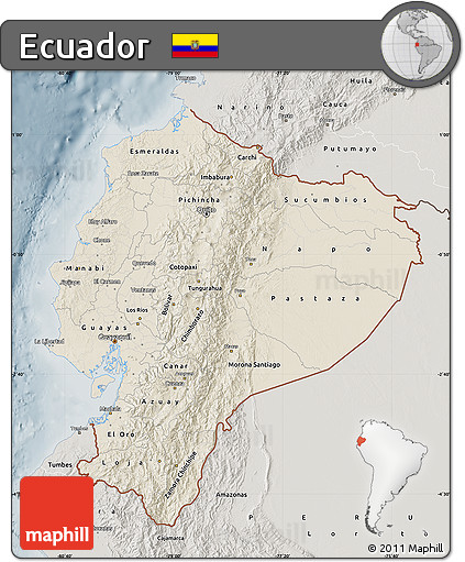 Shaded Relief Map of Ecuador, semi-desaturated