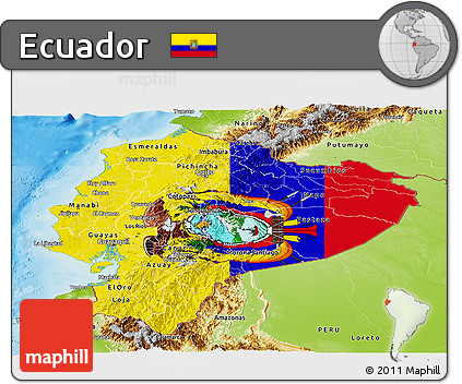 Flag Panoramic Map of Ecuador, physical outside, flag aligned to the middle