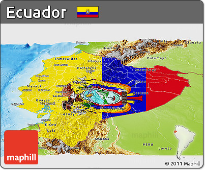 Flag Panoramic Map of Ecuador, physical outside, flag aligned to the middle