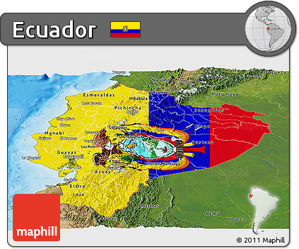 Flag Panoramic Map of Ecuador, satellite outside, bathymetry sea, flag aligned to the middle