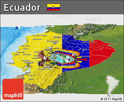 Flag Panoramic Map of Ecuador, satellite outside, bathymetry sea, flag aligned to the middle