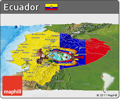 Flag Panoramic Map of Ecuador, satellite outside, bathymetry sea, flag aligned to the middle