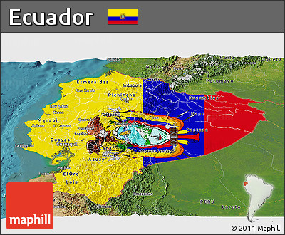 Flag Panoramic Map of Ecuador, satellite outside, flag aligned to the middle