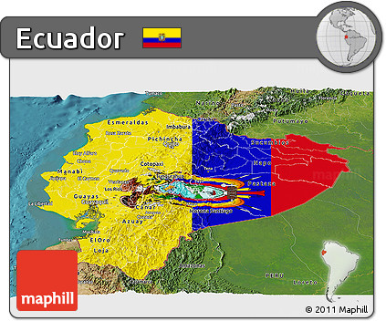 Flag Panoramic Map of Ecuador, satellite outside, flag rotated