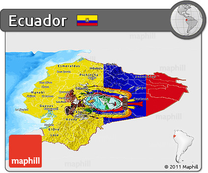 Flag Panoramic Map of Ecuador, single color outside, bathymetry sea, flag aligned to the middle
