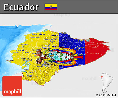 Flag Panoramic Map of Ecuador, single color outside, bathymetry sea, flag aligned to the middle